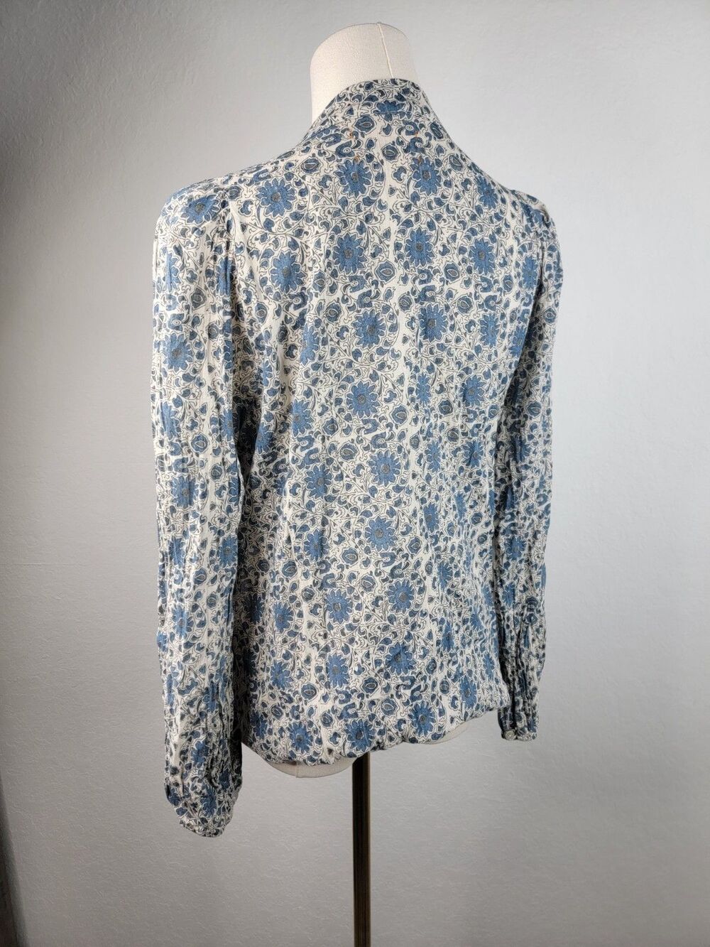 Pietsie Atlin Boho Blouse Top Womens size M 100% Cotton Blue Floral Band Collar - Picture 5 of 17